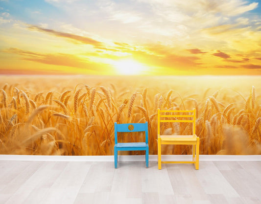 Sunset Sunrise over Farmland Wheat Field Wall Mural. Peel and Stick Wall Paper. #6323