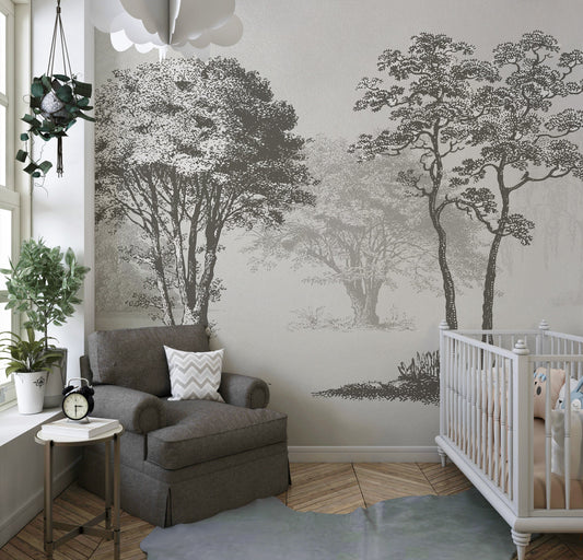 Vintage Forest Trees Wall Mural. Monochrome Abstract Sketched Art Design. Peel and Stick Wallpaper | Removable Wall Mural. #6329