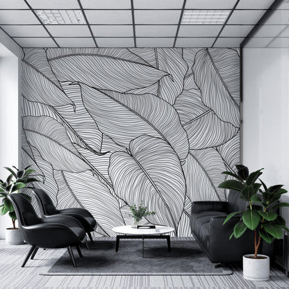 Banana Leaves Wallpaper, Palm Leaves Line Art Pattern Peel and Stick Wall Mural. #6330