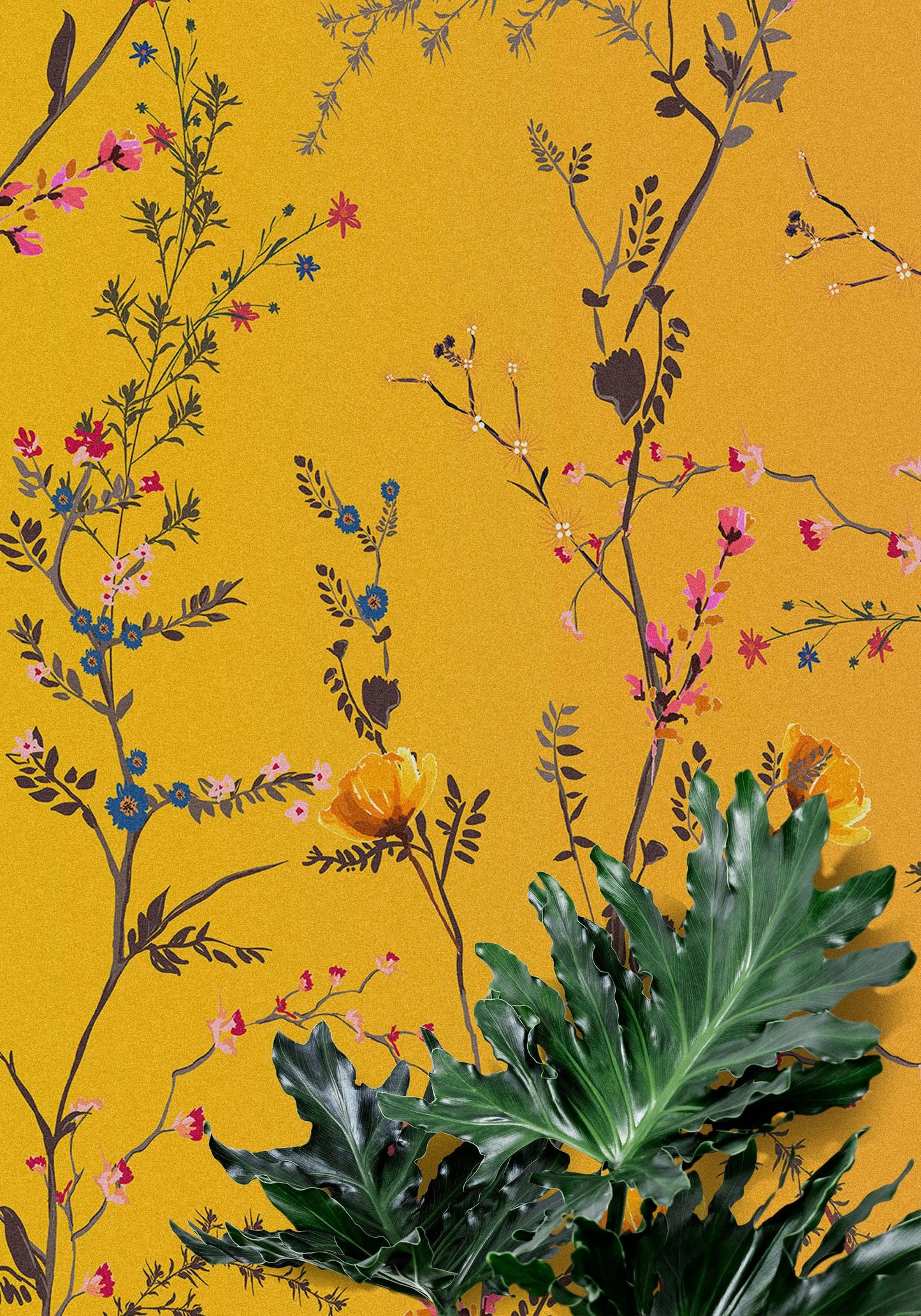 Botanical Flower Garden With Yellow Orange Background Wall Mural. Blossom Flower Decor. #6355