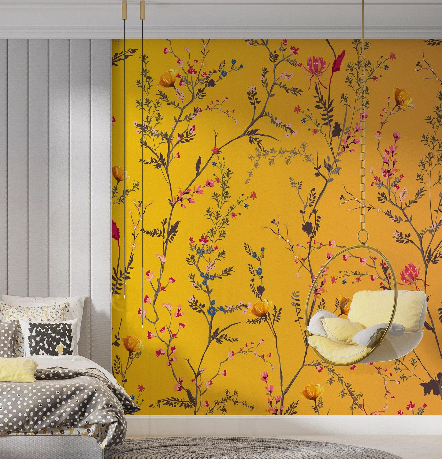 Botanical Flower Garden With Yellow Orange Background Wall Mural. Blossom Flower Decor. #6355