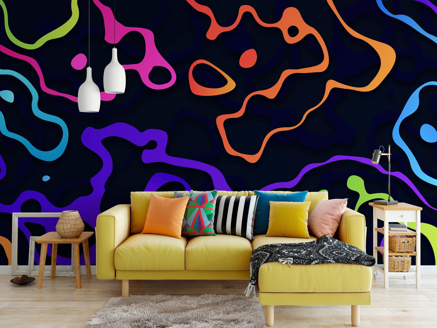 Colorful Abstract Fluid Lines Wallpaper. Peel and Stick Wall Mural. #6358