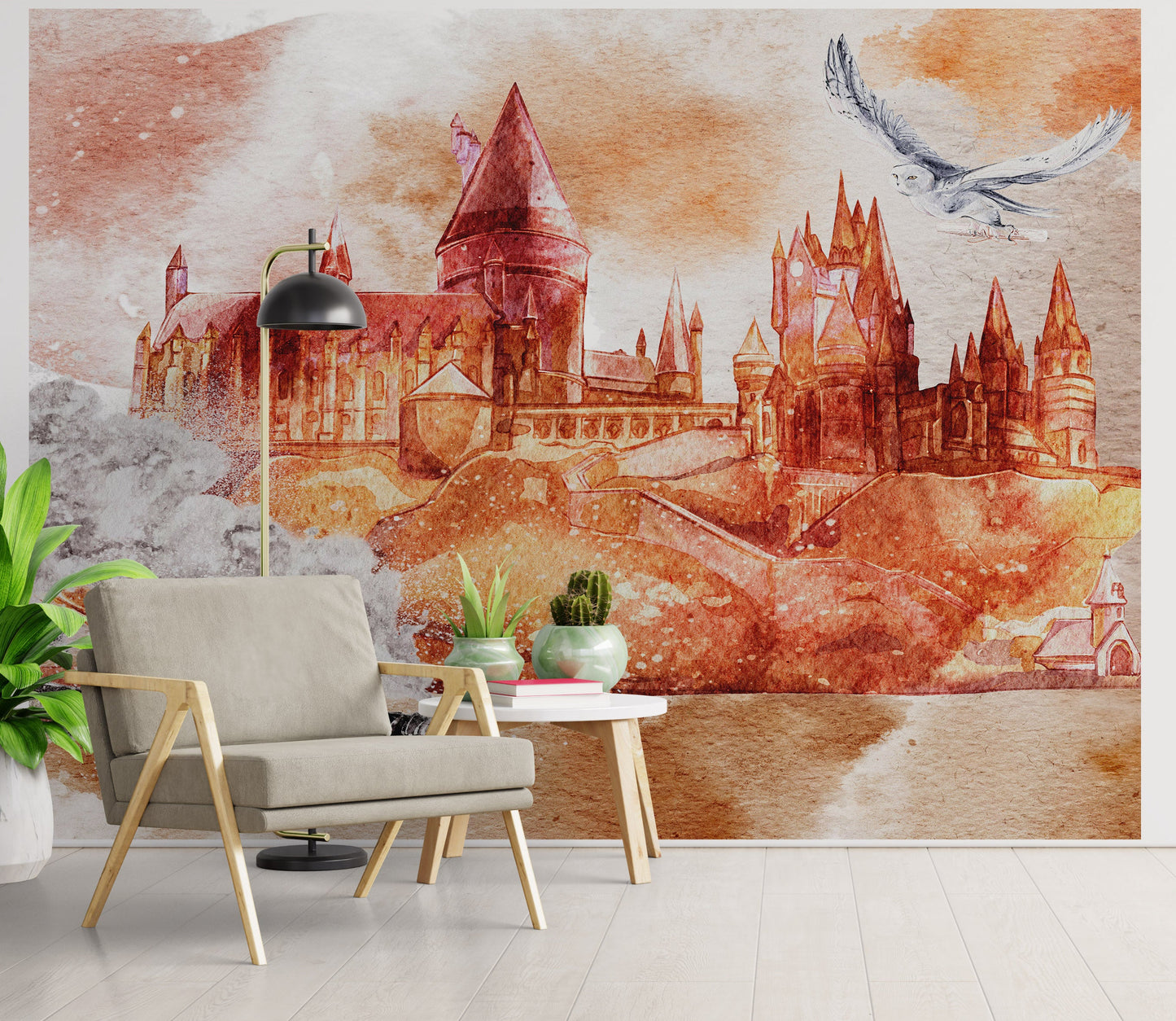 Wizardly World Wall Mural. Fantasy Theme with Castle / Train / Owl Peel and Stick Wallpaper. #6373