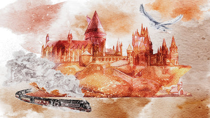 Wizardly World Wall Mural. Fantasy Theme with Castle / Train / Owl Peel and Stick Wallpaper. #6373