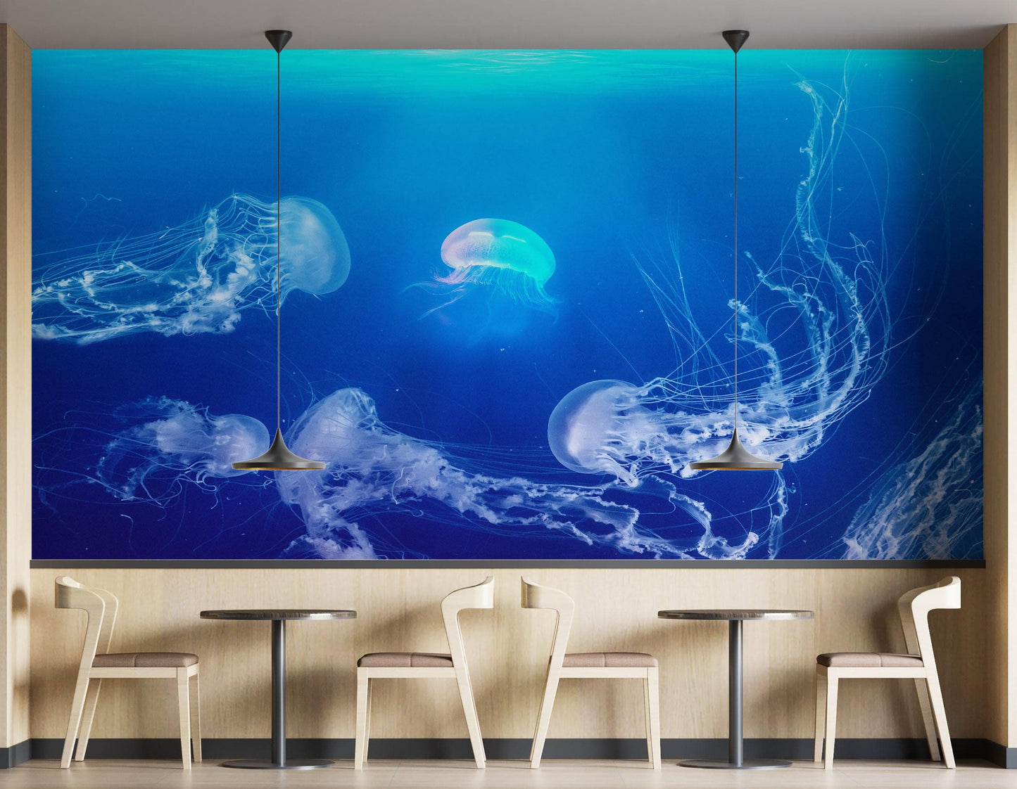 Jellyfish Floating Underwater Wall Mural. Deep Blue Ocean Peel and Stick Wallpaper. #6405