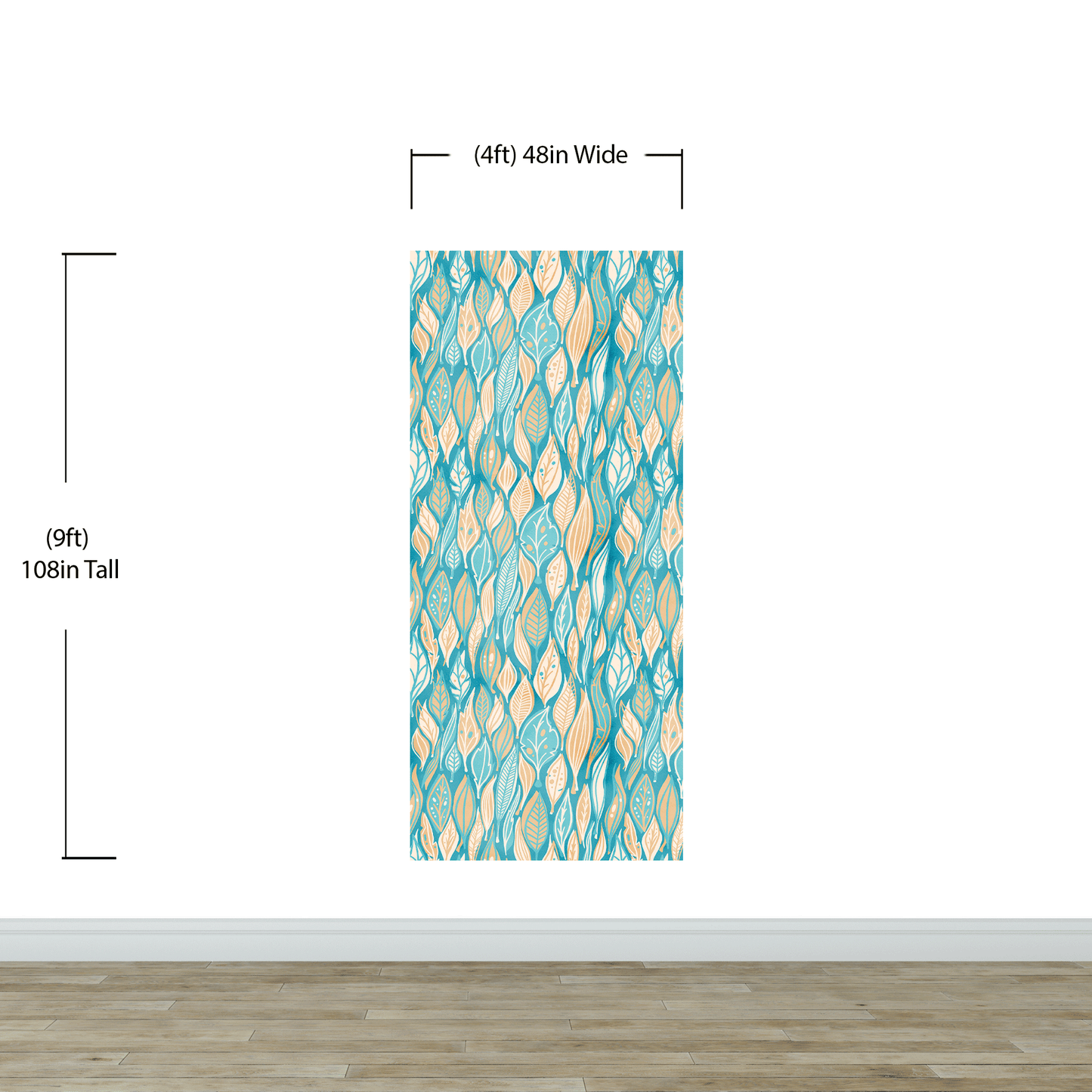 Teal Color Autumn Leaves Pattern Wall Mural. Retro Illustration Foliage Pattern. #6438