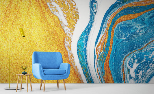 Abstract Bright Color Ink Splotch Pattern Wall Mural. Gold, White and Blue. #6439