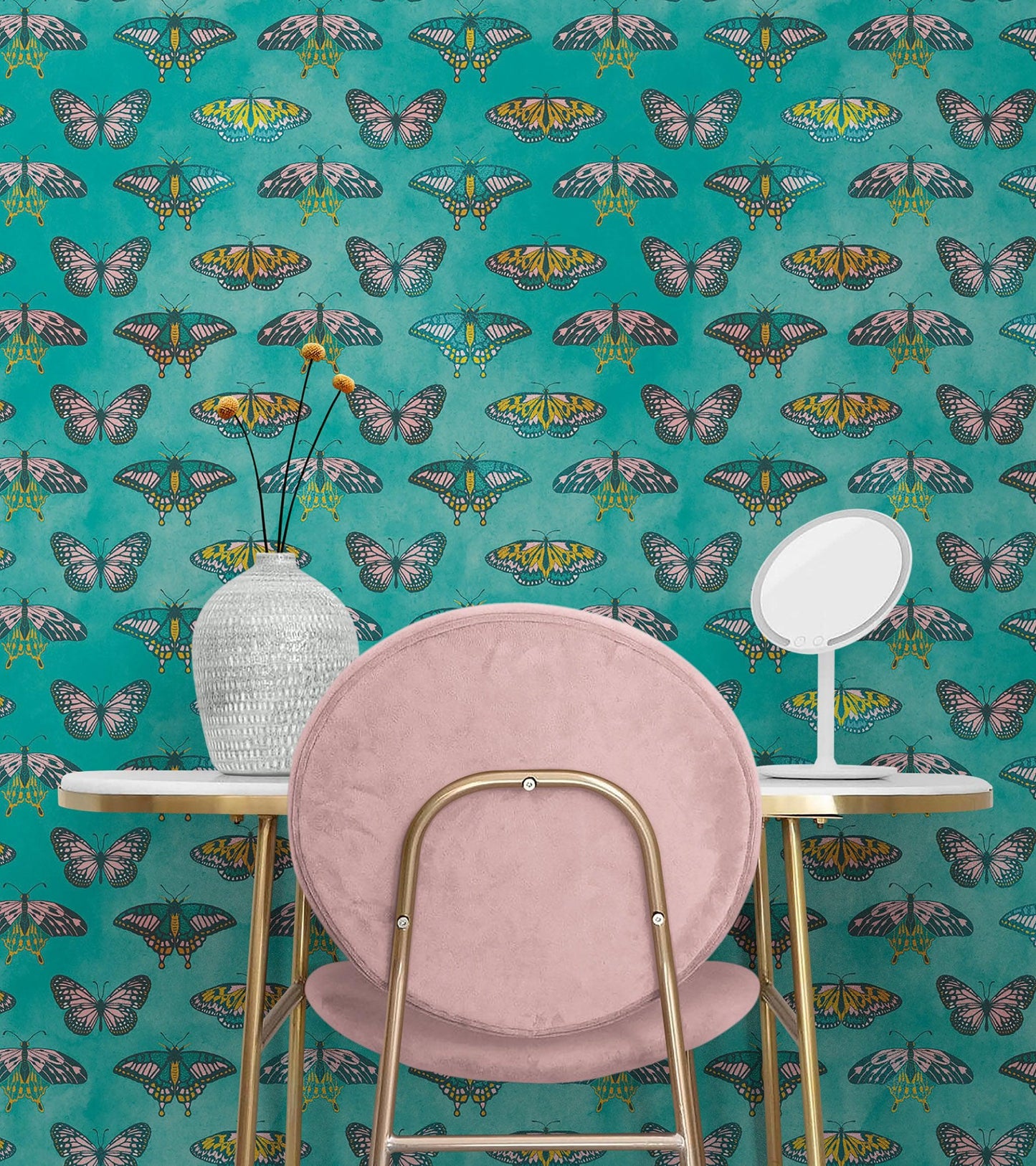Butterfly Pattern on Green Background Wall Mural. Retro Green, Pink and Gold Color Illustration Design. Bedroom, Nursery, Home Decor. Peel and Stick Wallpaper. #6440