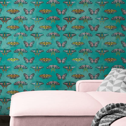 Butterfly Pattern on Green Background Wall Mural. Retro Green, Pink and Gold Color Illustration Design. Bedroom, Nursery, Home Decor. Peel and Stick Wallpaper. #6440