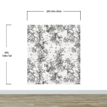 Vintage Flower Pattern Illustration Wall Mural. Black and White Peel and Stick Wallpaper. #6443