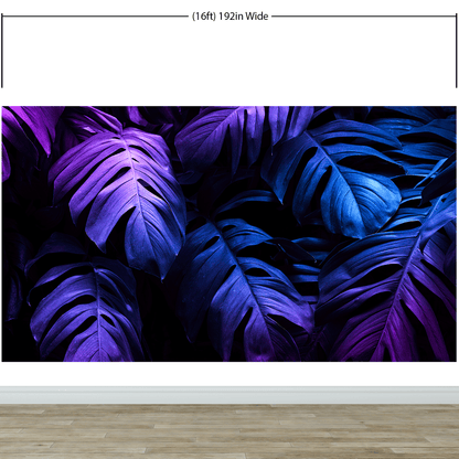 Tropical Wallpaper Blue and Purple Leaf Wall Mural on Dark Background #6445