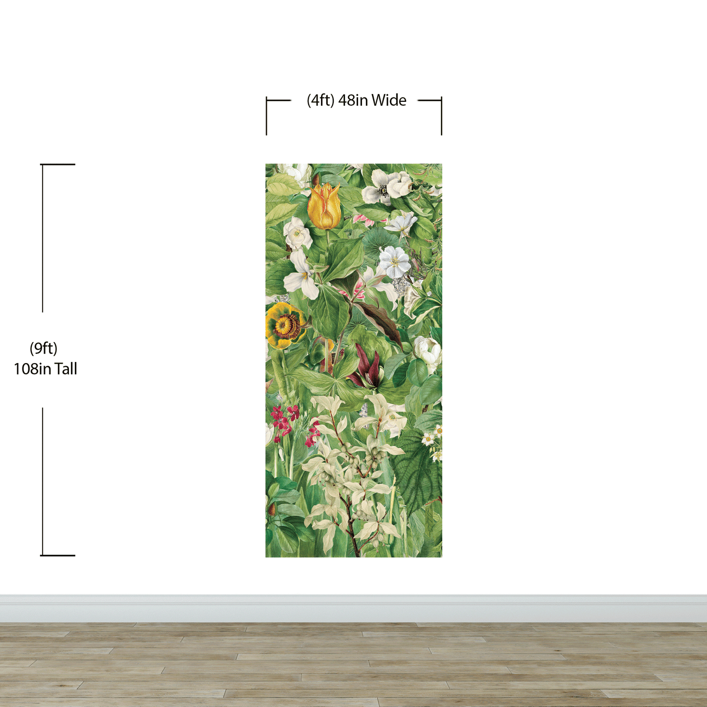 Botanical Vegetation Garden Wall Mural. Color Pencil Artwork of Flower Garden Peel and Stick Wallpaper. Rainforest Jungle Botanical Flowers and Leafs Background. #6449