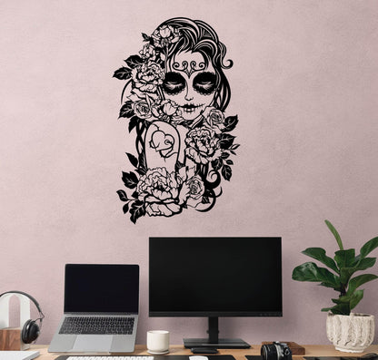 Sugar Skull Flower Girl Wall Decal. Mexican Girl Day of the Dead (Die De Los Muertos) #6450