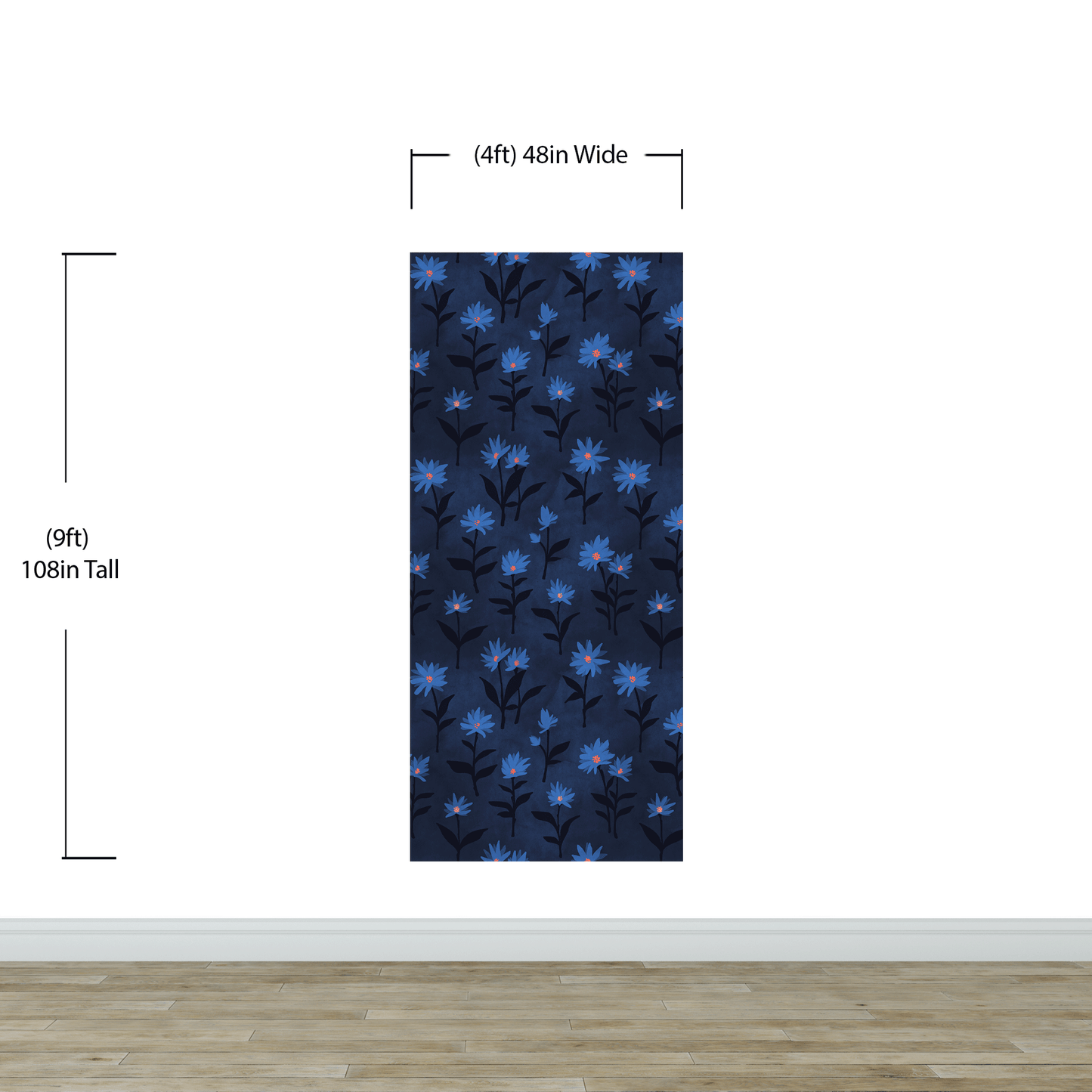 Blue Color Flower Wall Mural Pattern. Dark Navy Blue Background. #6451