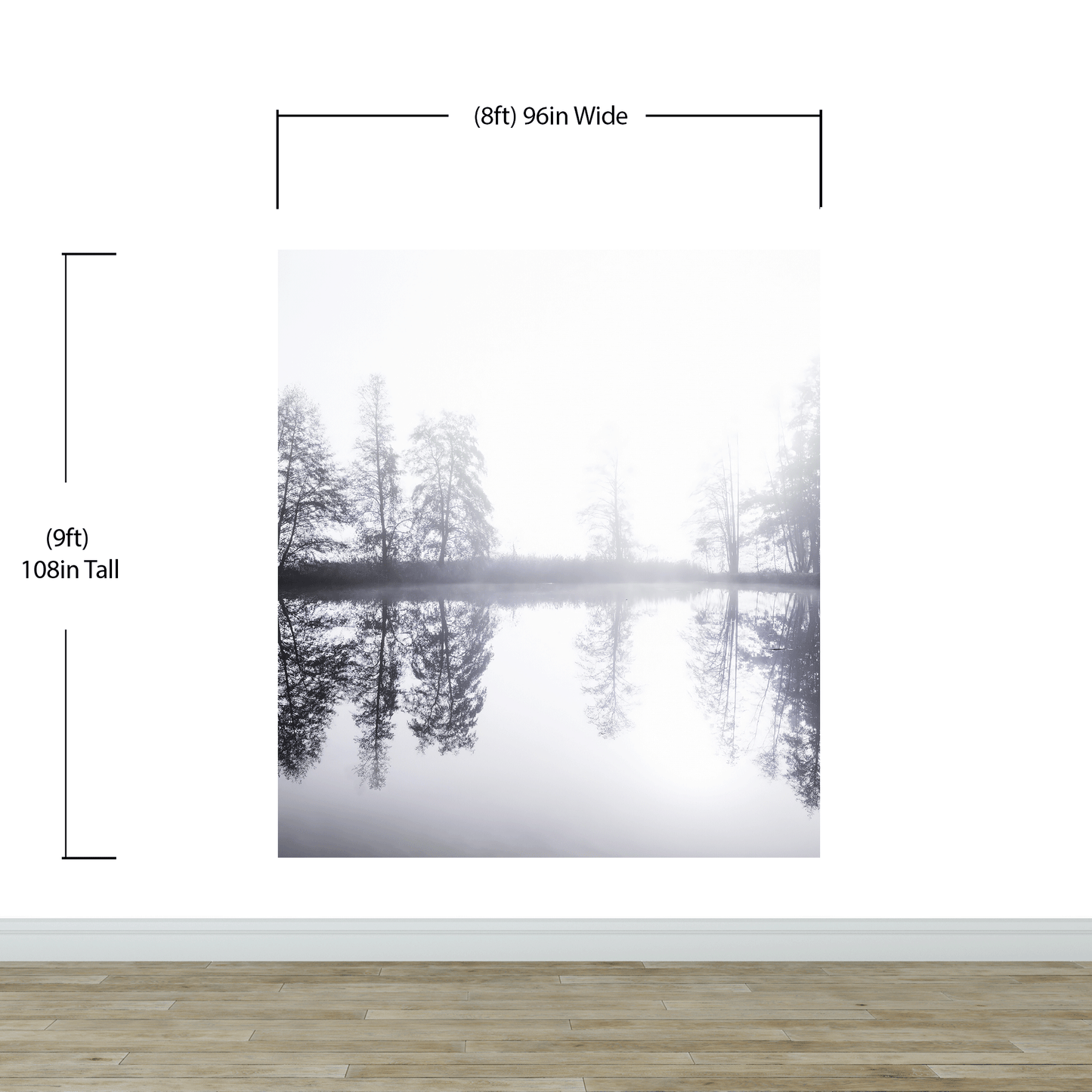 Foggy Woodland Wall Mural. Warm Grey Misty Forest Lakeview Peel and Stick Wallpaper. #6474