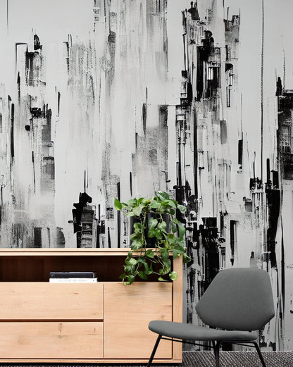 Black and White Urban City Wall Mural. Cyber Punk Cityscape. Minimalist Abstract Building Architect Wallpaper. #6487