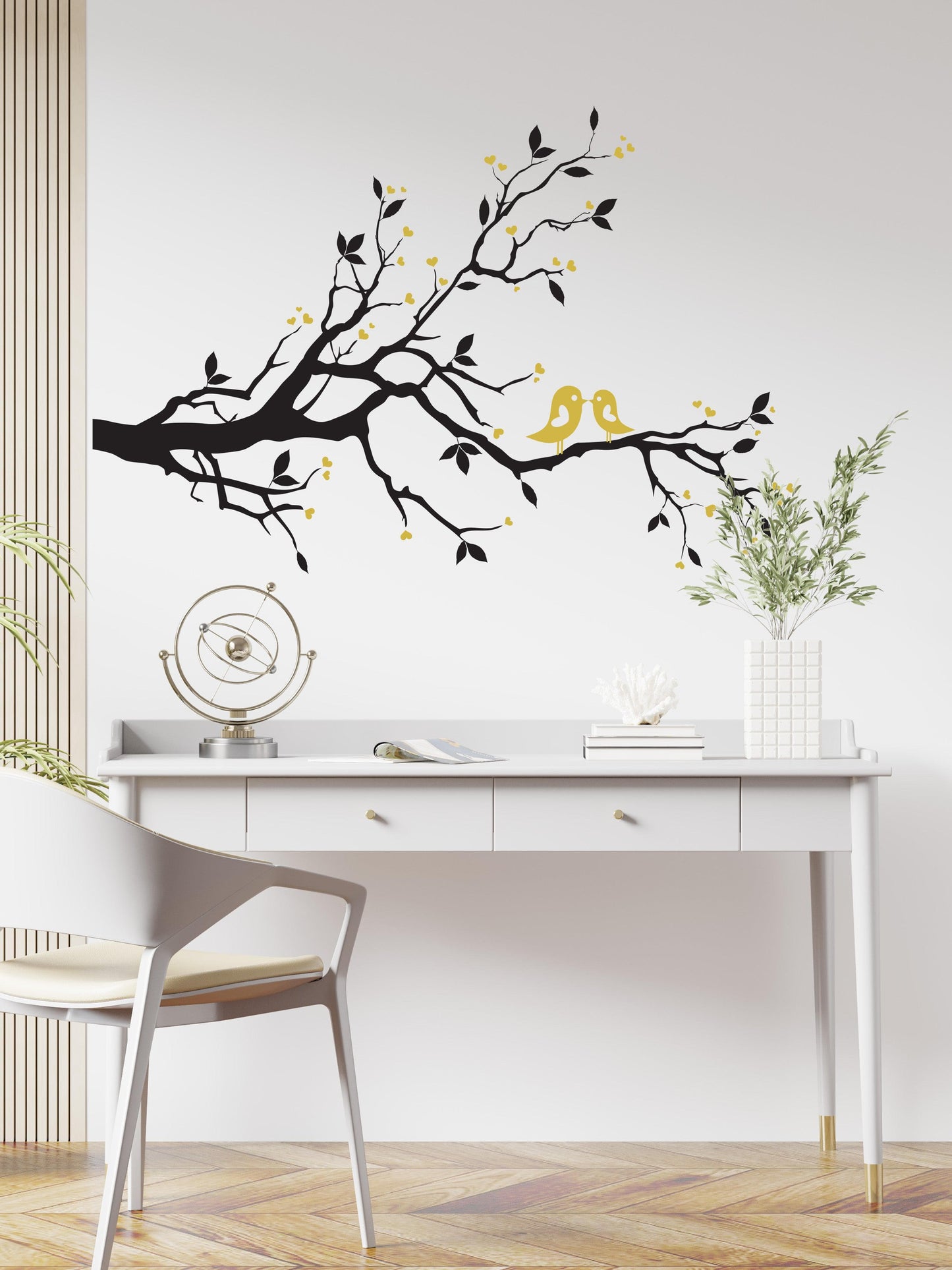 Love Bird on Tree Branch with Hearts Vinyl Wall Decal Sticker. #841