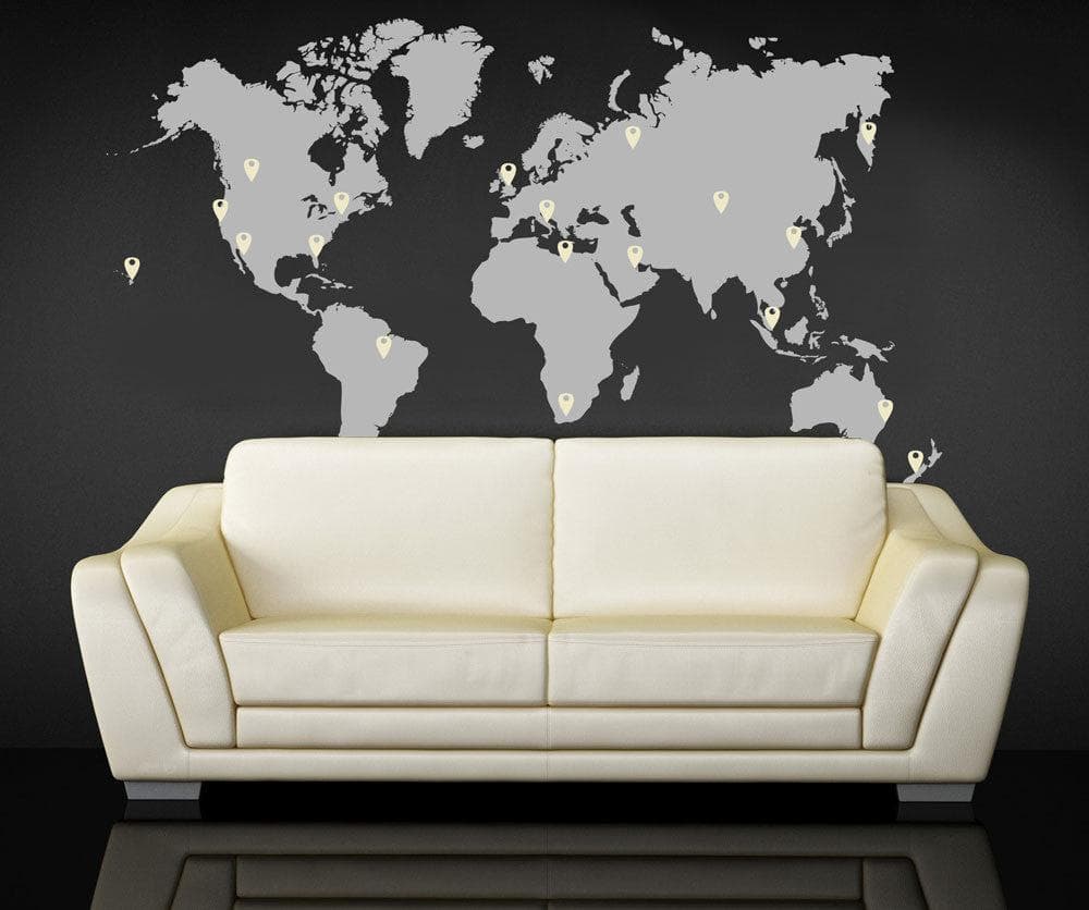 World Map Wall Decal Sticker With Location Pin Drops. #873