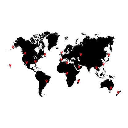 A world map with pins marking various locations.
