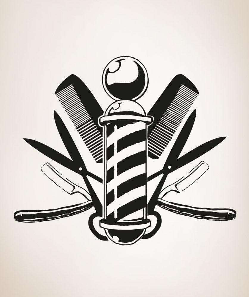 A black barbershop sign image on a white wall.