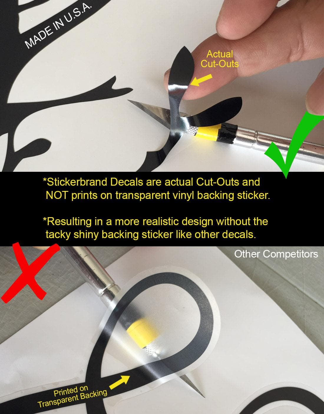 Stickerbrand Decals are actual cut-outs, not prints on transparent vinyl backing stickers, resulting in a more realistic design without a shiny backing.