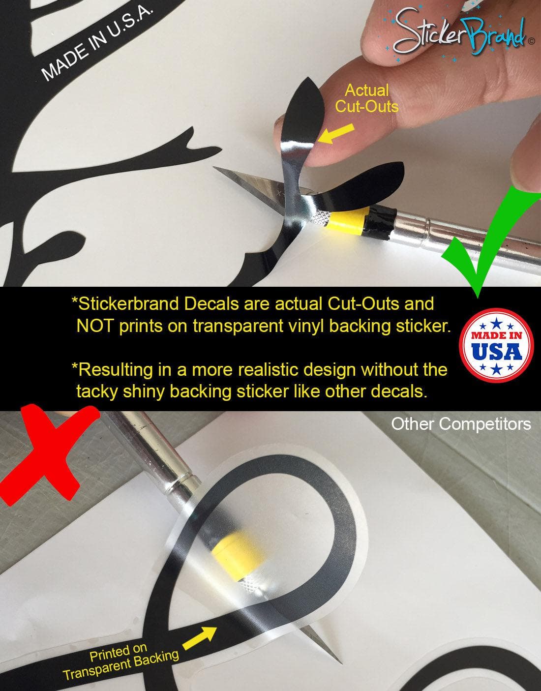 Close up on a vinyl decal being cut. In yellow font is a quote: "StickerBrand Decals are actual Cut-Outs and NOT prints on transparent vinyl backing sticker. Resulting in a more realistic design without the tacky shining backing sticker like other decals."