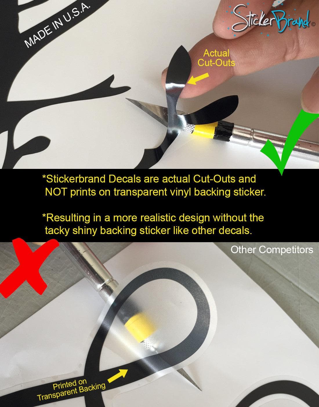 Two images showing a decal being removed from a sticker paper. In the center is a black rectangular box with a yellow text: "StickerBrand Decals are actual Cut-Outs and NOT prints on transparent vinyl backing sticker. Resulting in a more realistic design without the tacky shiny backing sticker like other decals."