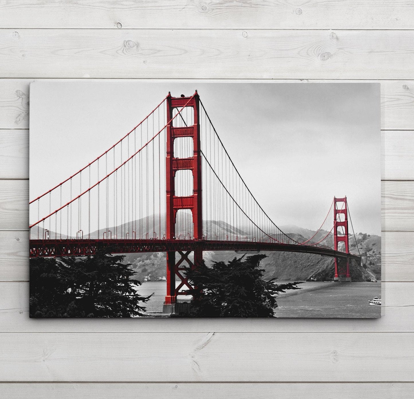 Golden Gate Bridge Canvas Print. Black and White with Red Accents. #C113