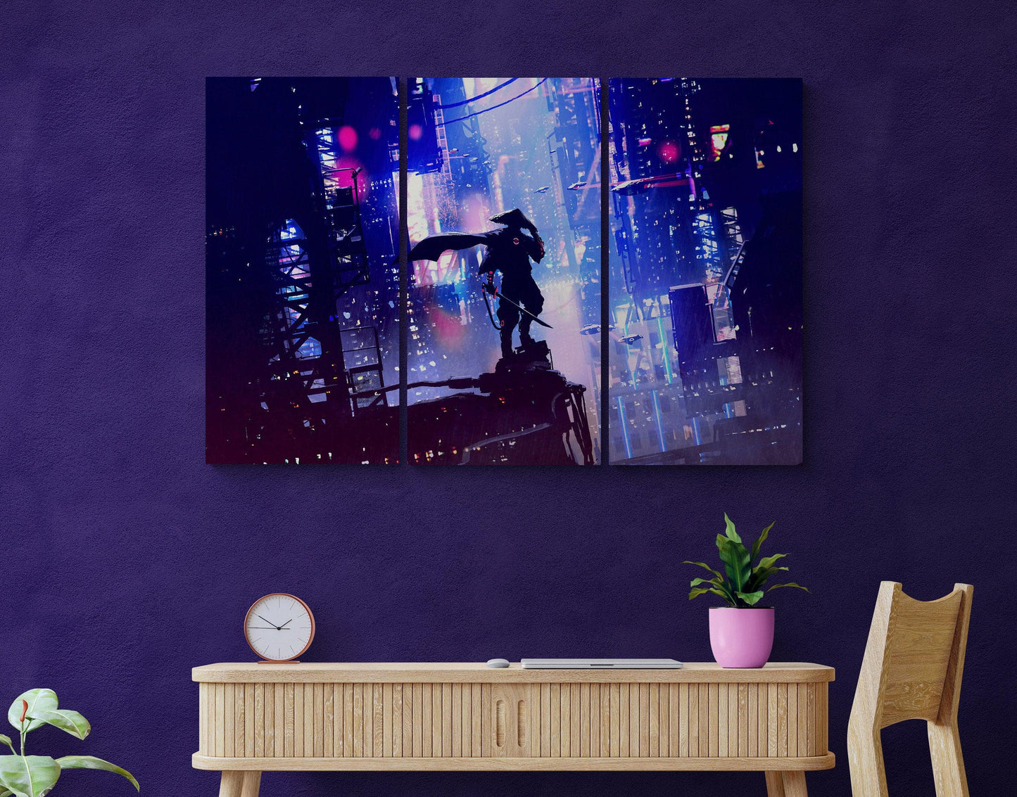 Japanese Samurai in Cyberpunk Futuristic City of Japan Wall Canvas Art (3 Piece Canvas). #C6452