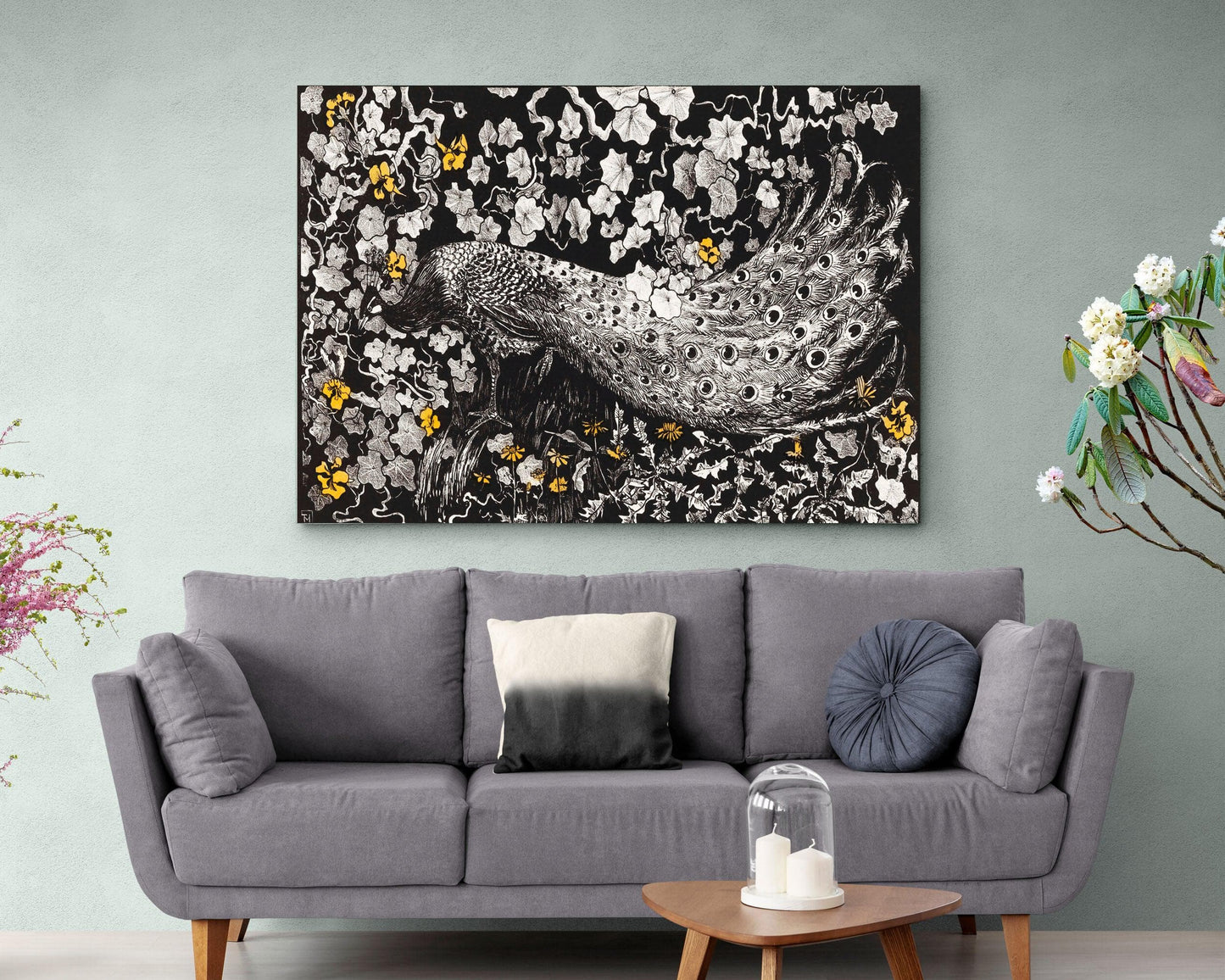 Black and White Print Canvas Art Peacock Wall Art Canvas Flower Painting Peacock Poster Wall Art Decor Home office wall art #C6520