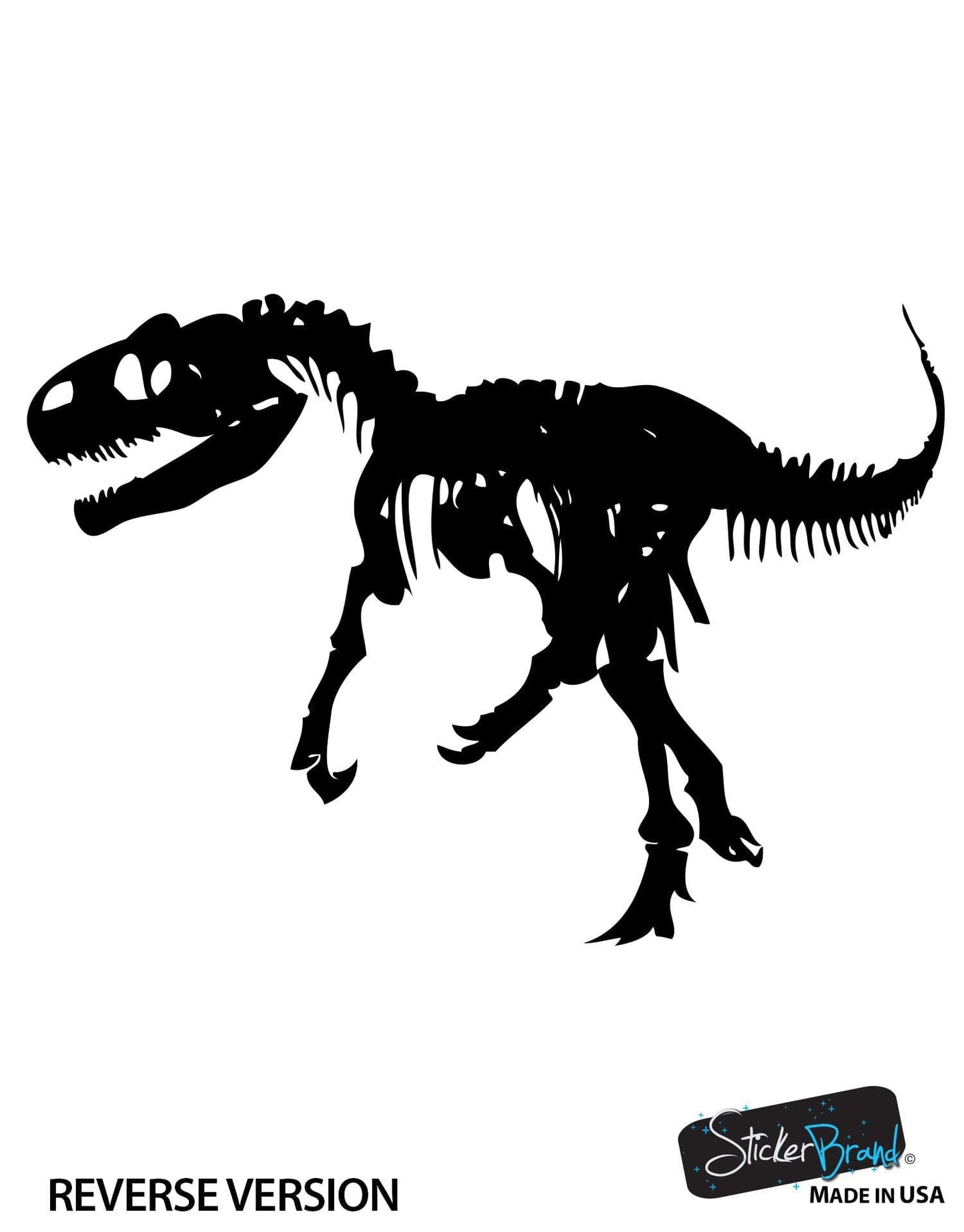 A black decal of a dinosaur skeleton on a white background.