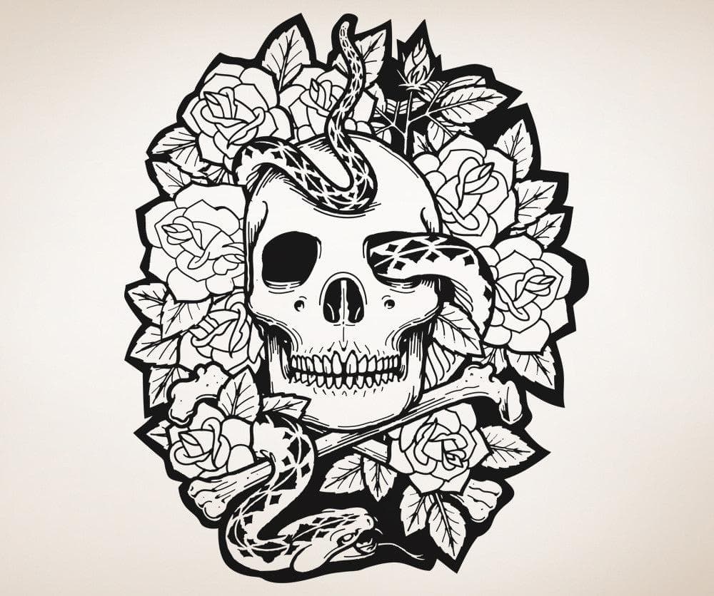 Vinyl Wall Decal Sticker Skull Snake and Roses #OS_AA1447