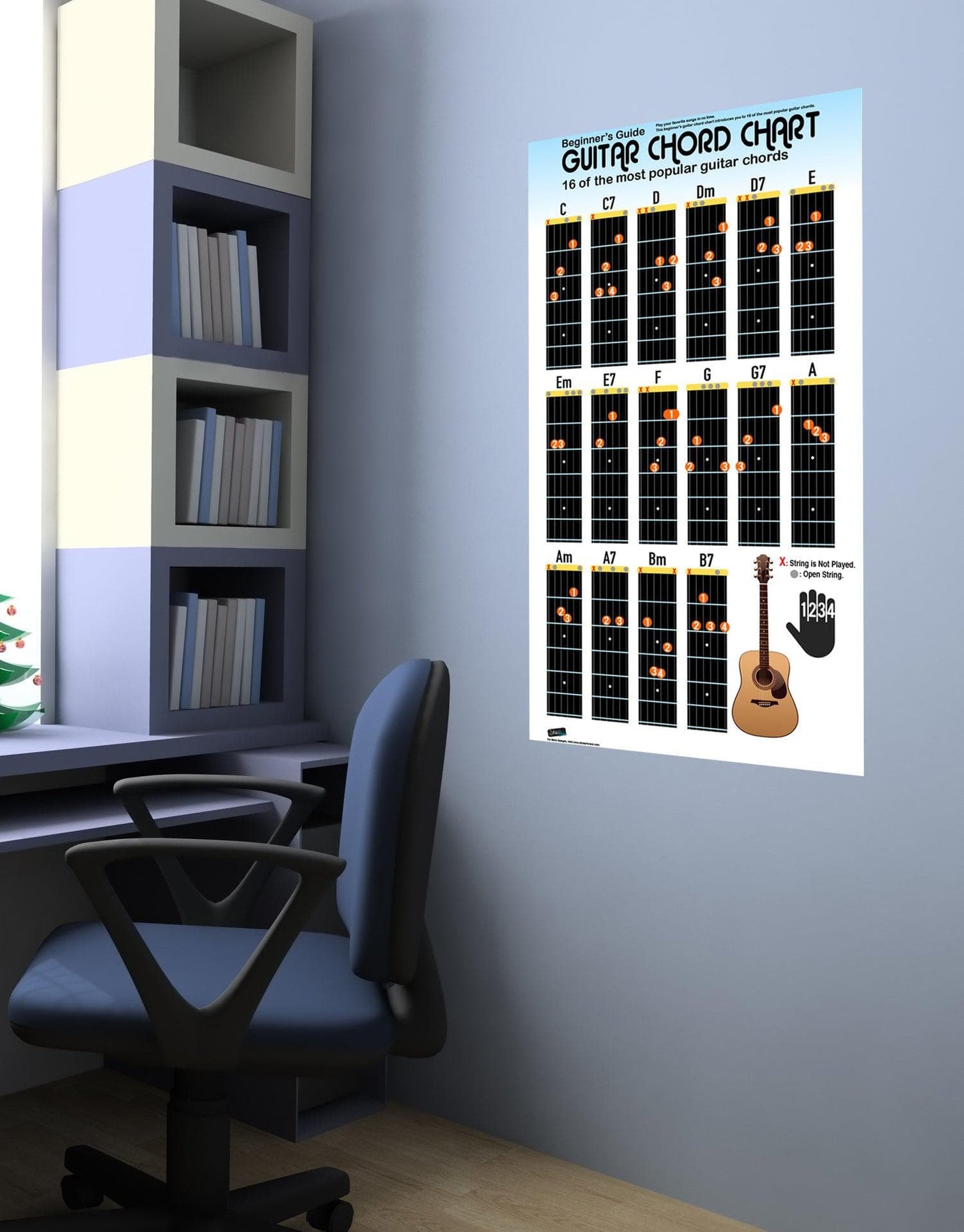 Guitar Chord Chart Poster. 16 Popular Chords Guide. Perfect for Students and Teachers. #P1003