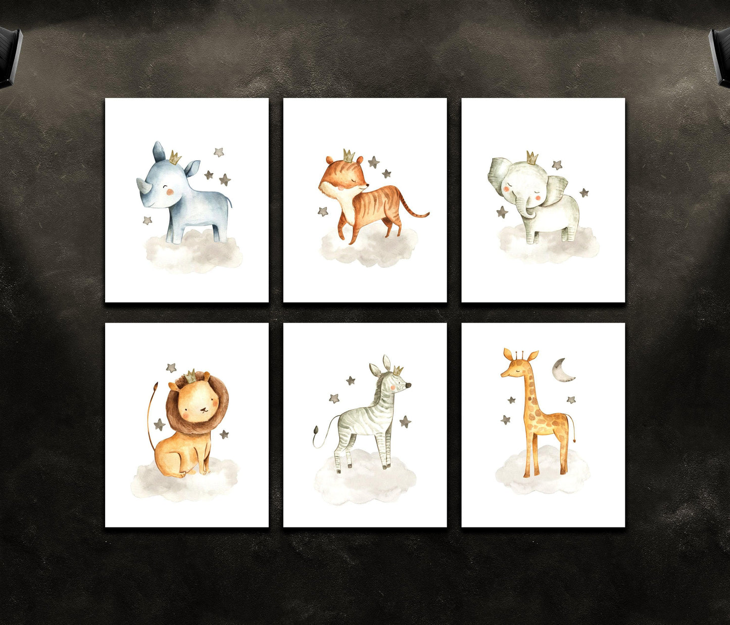 Nursery Safari Animal Posters (set of 6) Prints. Baby Elephant, Giraffe, Hippo, Lion, Tiger and Zebra #P1005