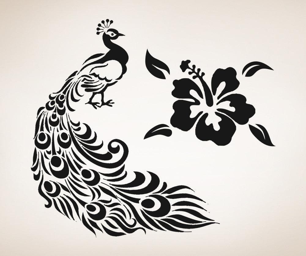 Vinyl Wall Decal Sticker Peacock and Hawaiian Flower #OS_AA281