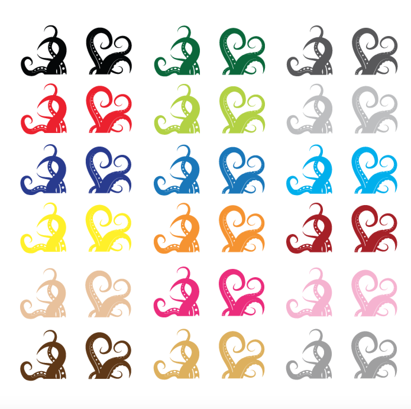 18 octopus tentacle decals in a white background showing the following colors: black, dark green, dark gray, red, light green, light gray, indigo, dark blue, light blue, yellow, orange, red, peach, dark pink, pink, brown, tan, and silver.