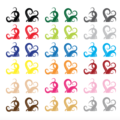18 octopus tentacle decals in a white background showing the following colors: black, dark green, dark gray, red, light green, light gray, indigo, dark blue, light blue, yellow, orange, red, peach, dark pink, pink, brown, tan, and silver.