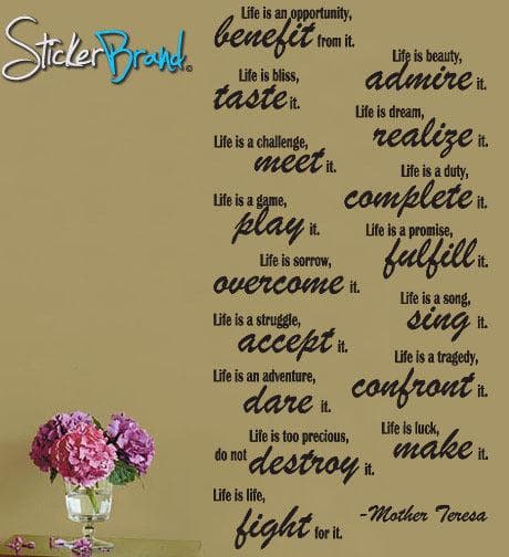 Vinyl Wall Lettering Life is -Mother Teresa Quote Decal #P107
