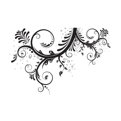 A black floral swirl decal on a white background. 
