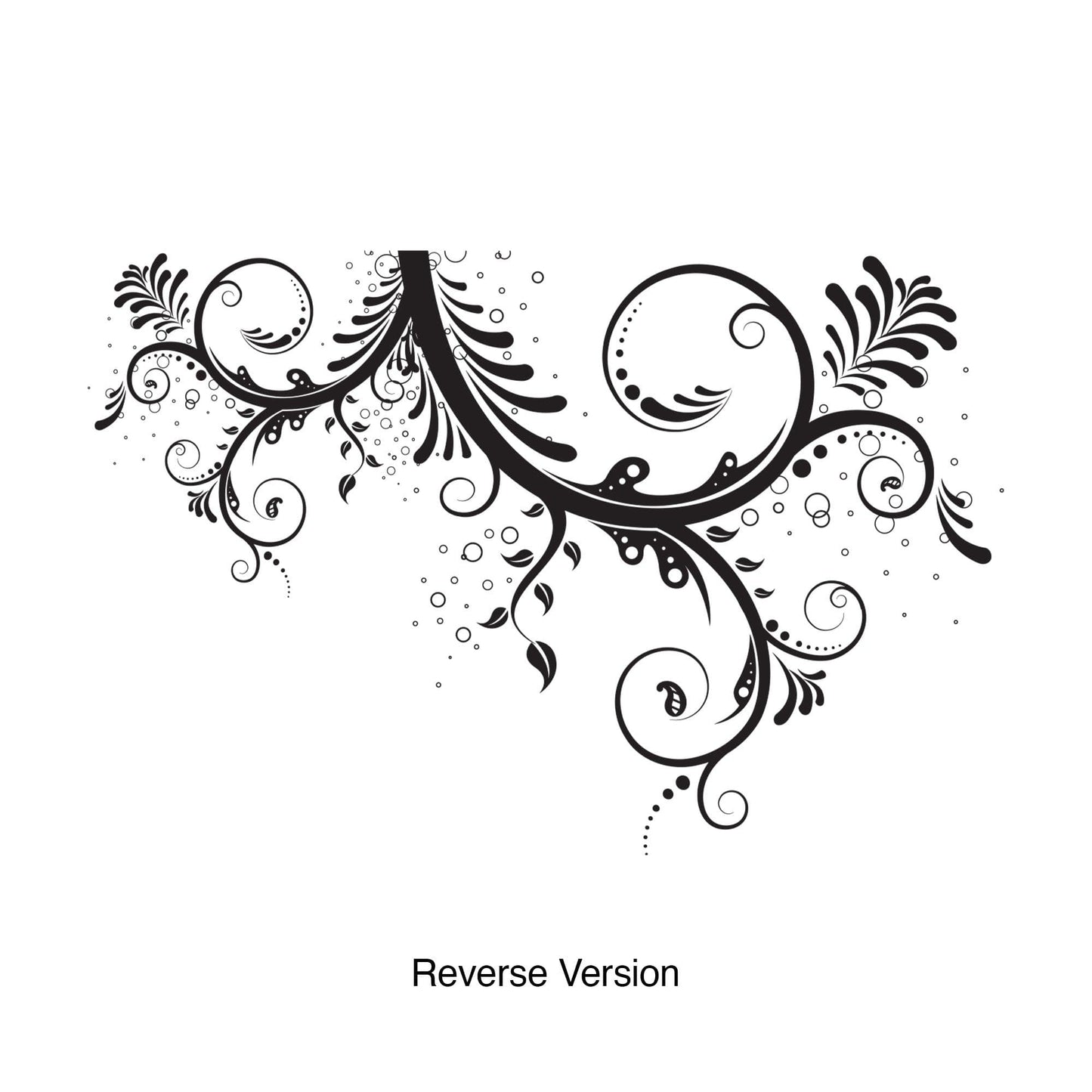 A black floral swirl decal on a white background. 