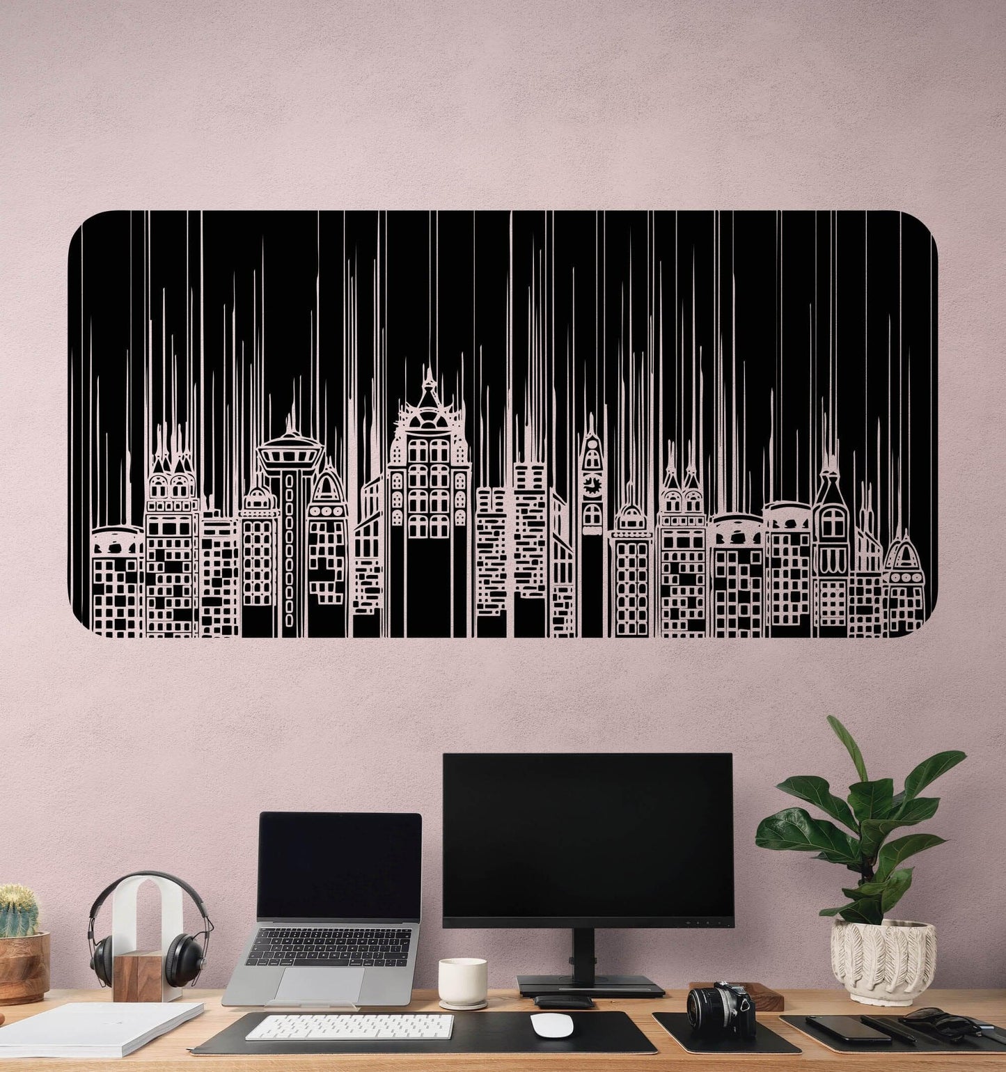 Cyber City Wall Decal Sticker. Skyscrapers / Buildings Urban Theme Cityscape Line Art Design. #5257