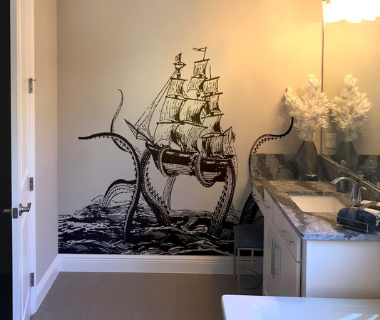 Kraken Wall Decal. Kraken Attacking Ship. Bathroom Wall Decor.