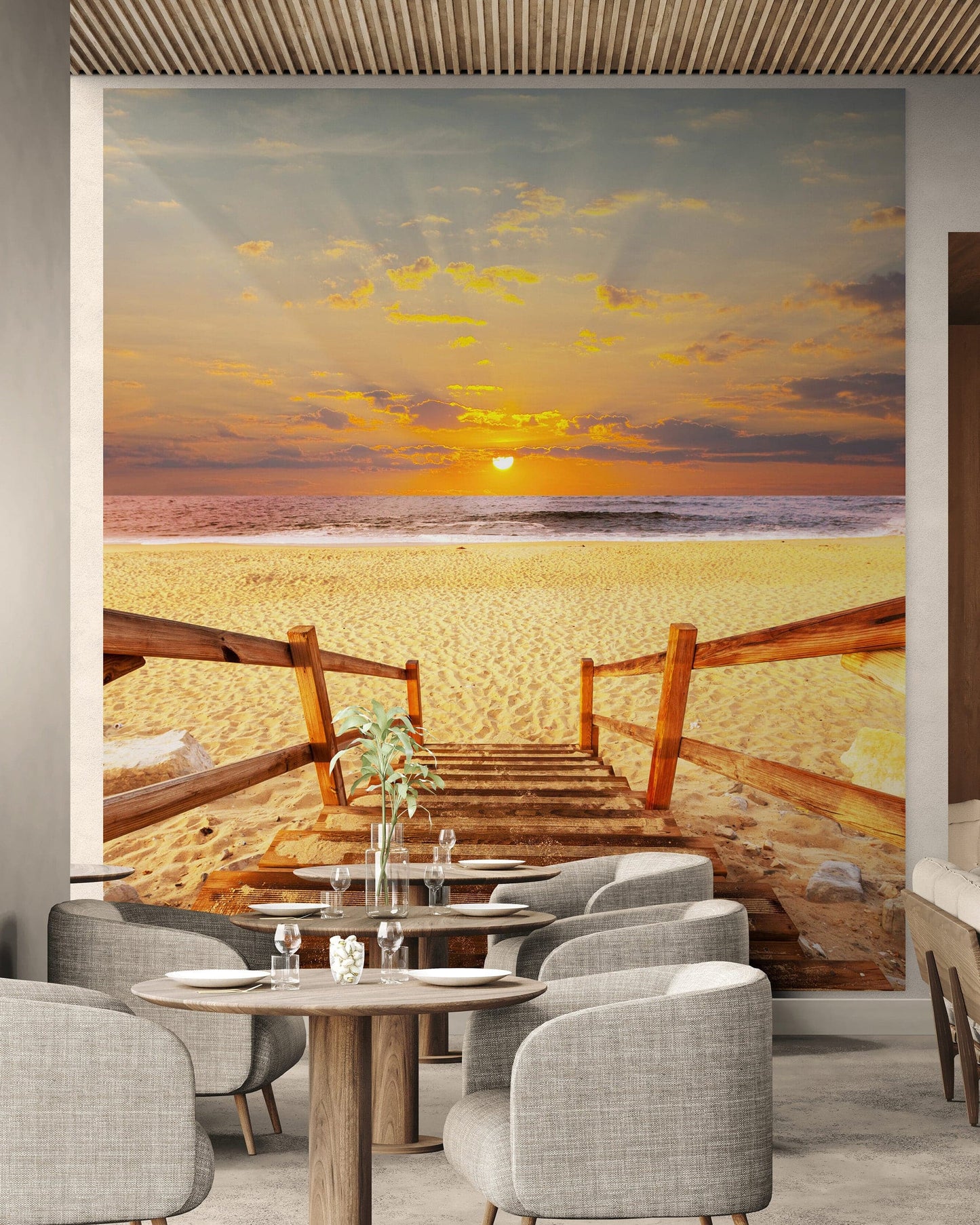 Yellow Sunset on Beach Wallpaper Mural. #6049