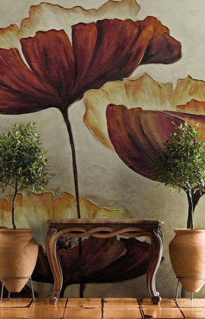 Sepia Poppies Flower Wall Mural. Vintage Botanical Wallpaper. #6155