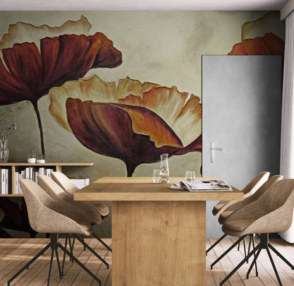 Sepia Poppies Flower Wall Mural. Vintage Botanical Wallpaper. #6155