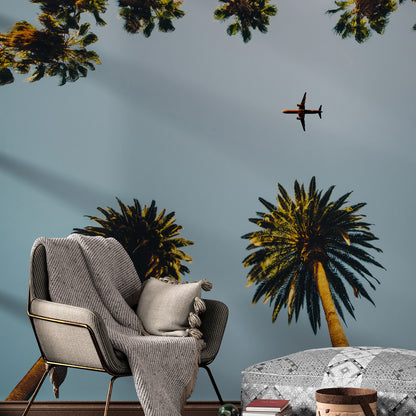 Southern California Palm Trees and Airplane Wallpaper Mural. #6283