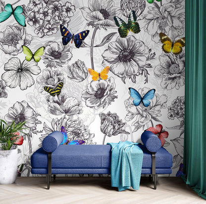 Butterflies in Flower Garden Wall Mural. Retro Black and White Illustration Floral Design. #6320
