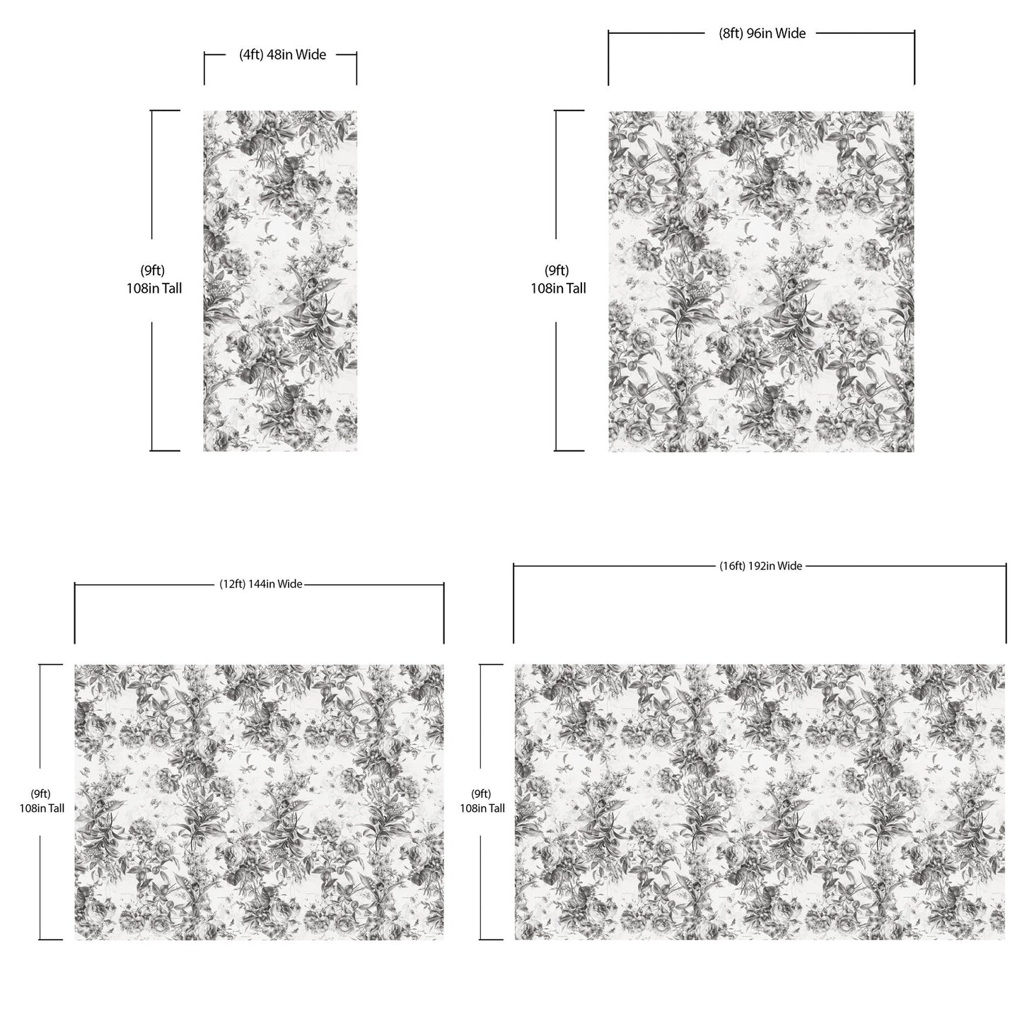 Vintage Flower Pattern Illustration Wall Mural. Black and White Peel and Stick Wallpaper. #6443