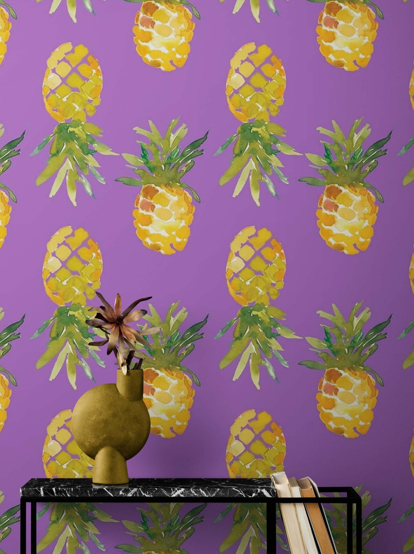 Pineapple Wallpaper. Pink, Purple, or Black Color Peel and Stick Wall Mural. #6538