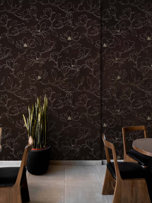 Dark Brown Wallpaper. Chinoiserie Flower Pattern Wallpaper. #6557